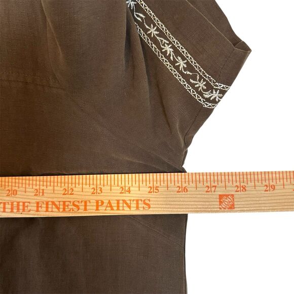 dressbarn Women Button Up Shirt Size 20W Brown Silk Linen Floral Embroidery Boho - Picture 12 of 13